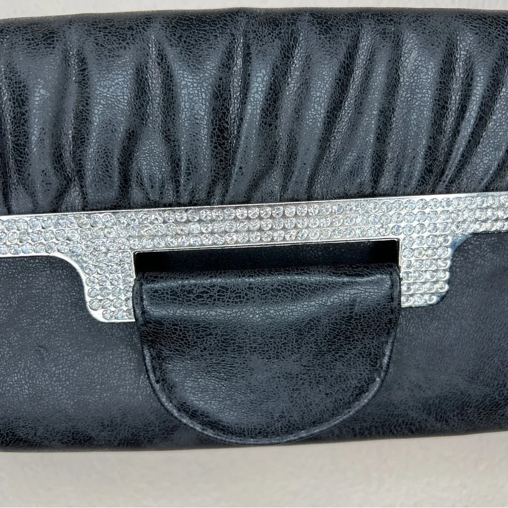 NEW MMS Black Faux Leather Rhinestone Accent Clutch Purse Silver Chain Strap